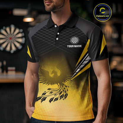 Men’s Darts Shirt With Phoenix And Yellow Halftone Pattern, Custom Name Option NYN0303