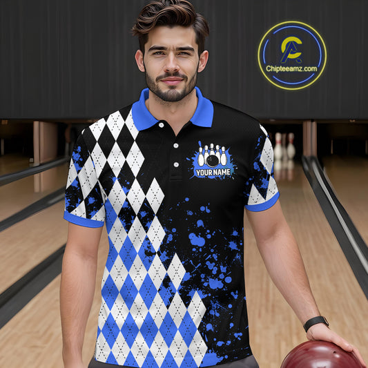 Blue argyle pattern Retro Bowling Shirts For Men Custom My drinking team has a bowling problem NQS9824