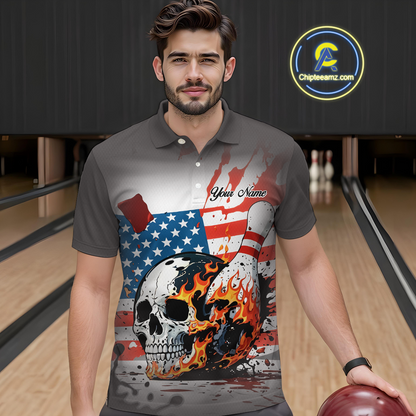 Custom American Flag Skull Flame Bowling Men Polo & 1/4 Zip Shirts Bowling Team Jerseys HNT91