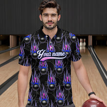 Load image into Gallery viewer, Black Bowling Ball Camo Blue Flame Bowling Polo, 1/4 Zip Shirt for Men Custom Bowling Team Jersey NQS9480