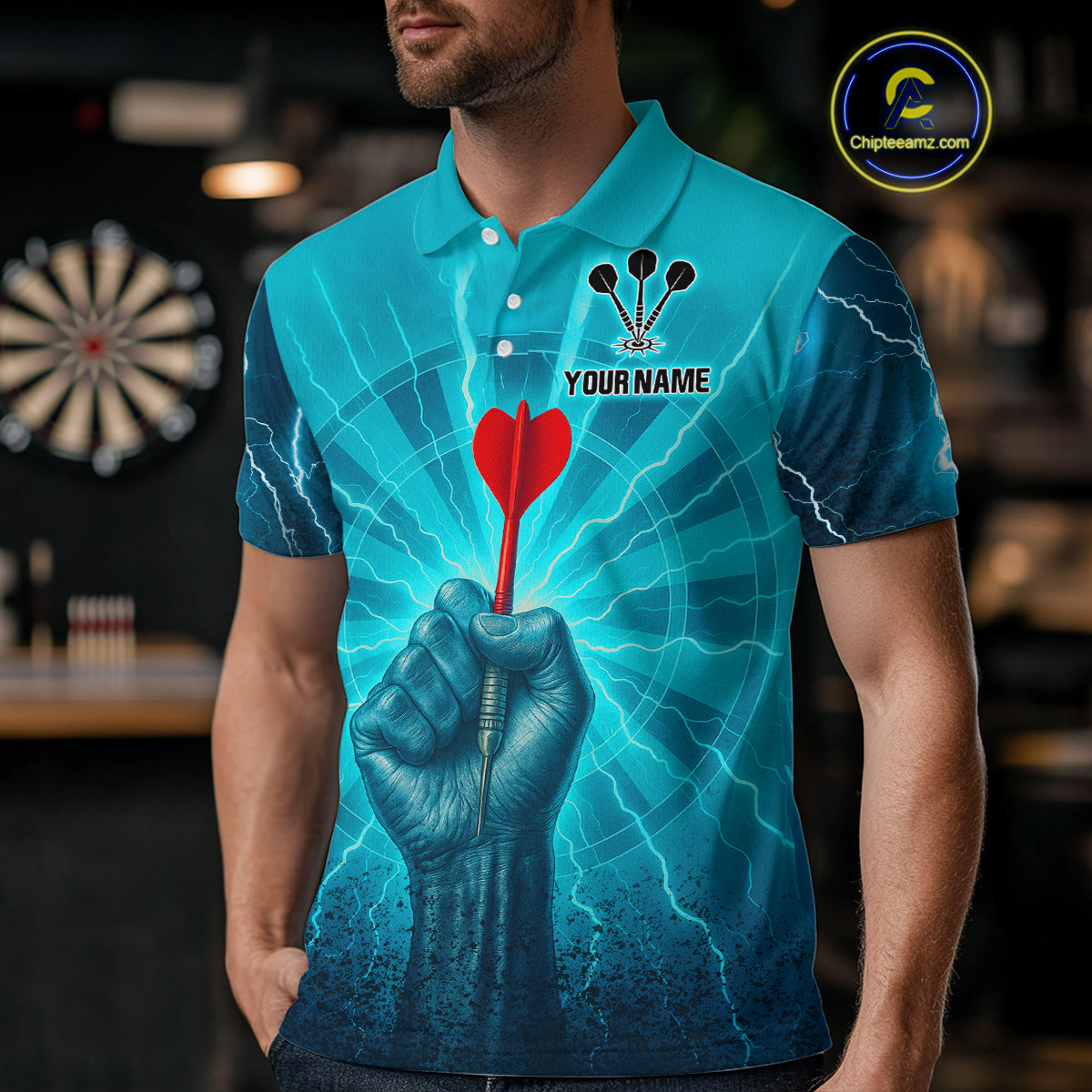 Men’s Custom Darts Shirt - Turquoise Lightning Fist With Maroon Dart Arrow NYN0316