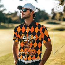 Load image into Gallery viewer, Funny Mens golf polo shirts custom orange and black argyle plaid Halloween Skull golf attire for men NQS10355