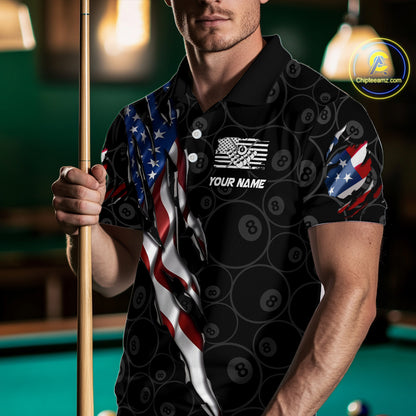 American Flag Scratch Billiard Shirt For Men, Custom 8 Ball Pool Team Jersey Polo & 1/4 Zip TDM4030