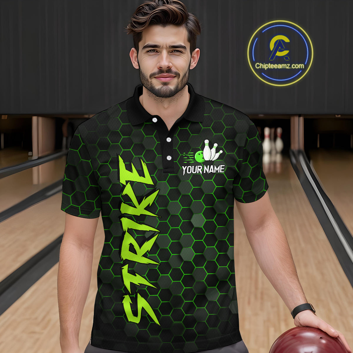 Custom Strike Green Bowling Men Bowling Shirt Polo & Quarter-Zip Bowling Team Jerseys HNT79
