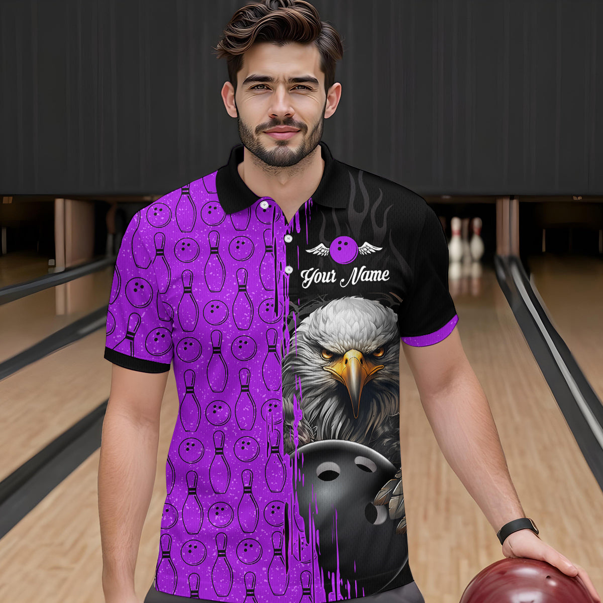 Purple Eagle Bowling Custom Men Bowling Shirt Polo & Quarter-Zip Bowling Team Jerseys HNT49