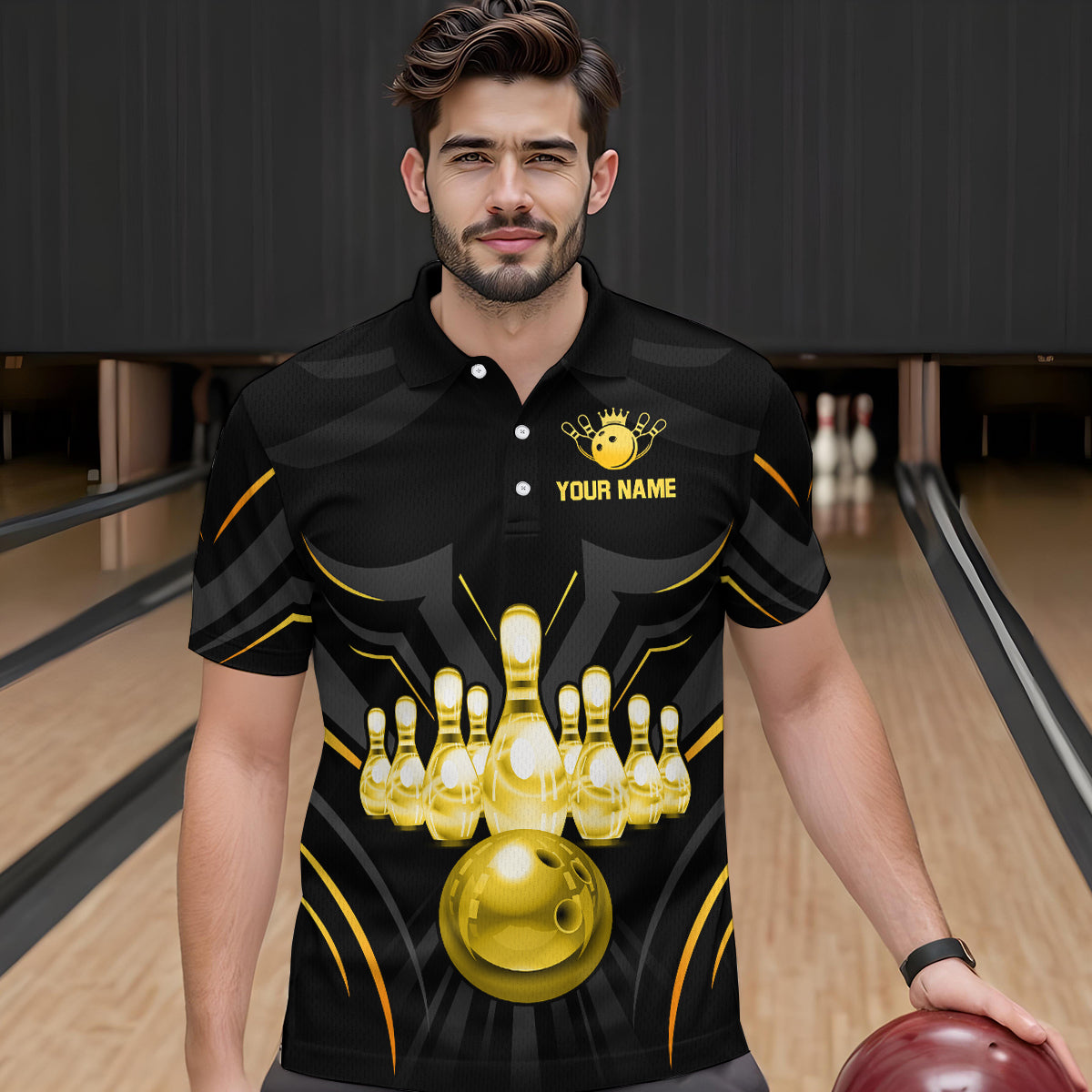 Black and Gold Custom Name Bowling Jerseys For Men Bowling Team Shirts Bowling Pin And Ball HNT26