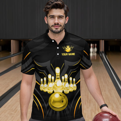 Black and Gold Custom Name Bowling Jerseys For Men Bowling Team Shirts Bowling Pin And Ball HNT26