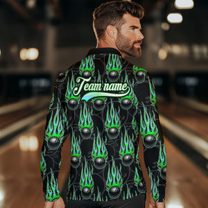 Black Bowling Ball Camo Green Flame Bowling Polo, 1/4 Zip Shirt for Men Custom Bowling Team Jersey NQS9479