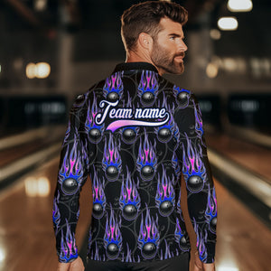Black Bowling Ball Camo Blue Flame Bowling Polo, 1/4 Zip Shirt for Men Custom Bowling Team Jersey NQS9480