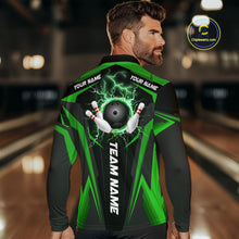 Load image into Gallery viewer, Black Men bowling Polo, Quarter Zip shirt Custom lightning thunder team league bowling jersey | Green NQS10374