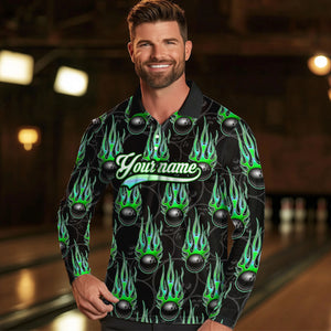 Black Bowling Ball Camo Green Flame Bowling Polo, 1/4 Zip Shirt for Men Custom Bowling Team Jersey NQS9479