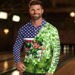 American flag St Patrick day shamrock pattern custom Team Bowling Polo, Quarter Zip shirt for Men NQS9581