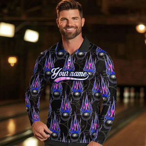 Black Bowling Ball Camo Blue Flame Bowling Polo, 1/4 Zip Shirt for Men Custom Bowling Team Jersey NQS9480