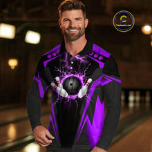 Load image into Gallery viewer, Black Men bowling Polo, 1/4 Zip shirt Custom lightning thunder team league bowling jersey | Purple NQS10375
