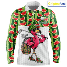 Load image into Gallery viewer, Golfing Flamingo Mens Funny Golf Polo Shirt Custom Green Pattern Watermelon Golf Ball Clothes Shirts NHT740