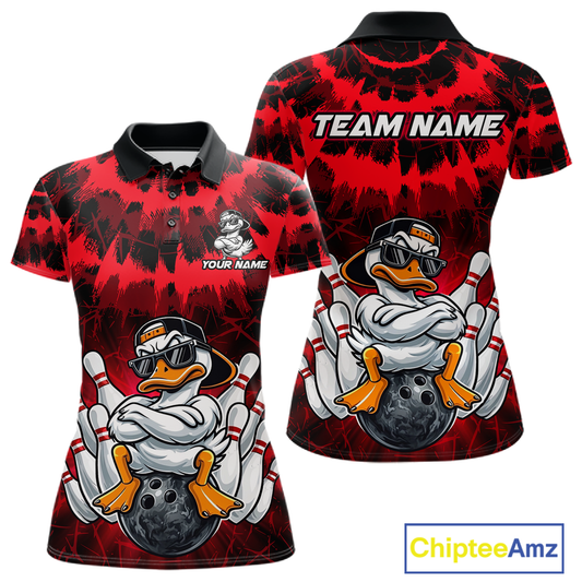 Custom Red Funny Duck Bowling Jersey for Women Bowling Uniform Polo & 1/4 Zip Bowling Team Shirts HNT238