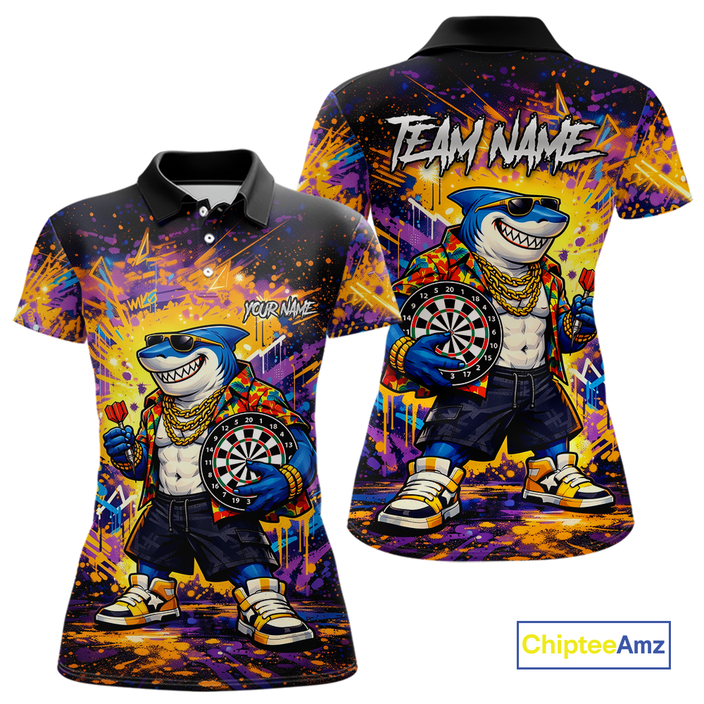 Custom Funny Shark Dart Shirts for Women Darts Team Jerseys Dart Tournament Polo & 1/4 Zip NNT136