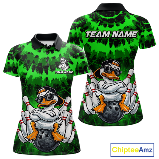 Custom Green Funny Duck Bowling Jersey for Women Bowling Uniform Polo & 1/4 Zip Bowling Team Shirts HNT238