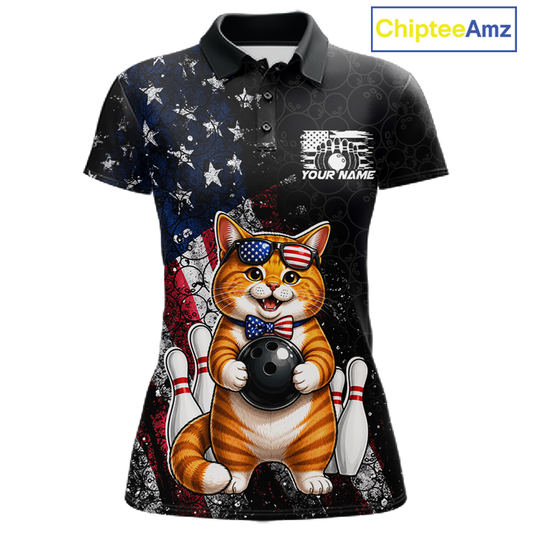 Women polo shirt with a cat bowling design and American flag elements