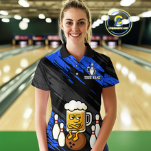 Load image into Gallery viewer, Custom Blue Funny Beer Bowling Jersey for Women Bowling Uniform Polo &amp; 1/4 Zip Bowling Team Shirts HNT107