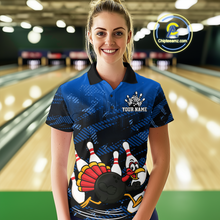 Load image into Gallery viewer, Custom Blue Funny Turkey Bowling Jersey for Women Thanksgiving Bowling Team Shirts Polo &amp; 1/4 Zip HNT125