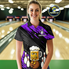 Load image into Gallery viewer, Custom Purple Funny Beer Bowling Jersey for Women Bowling Uniform Polo &amp; 1/4 Zip Bowling Team Shirts HNT107
