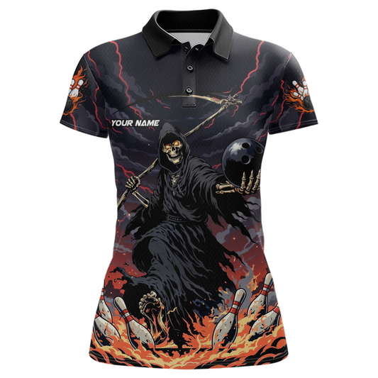 Custom Grim Reaper Flame Bowling Jersey for Women Bowling Team Shirts Polo & 1/4 Zip HNT193