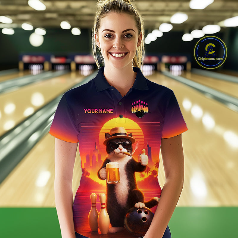 Custom Beer Cat Retro Bowling Shirt for Women Cat Funny Beer Bowling Team Jersey Polo &1/4 Zip HNT275