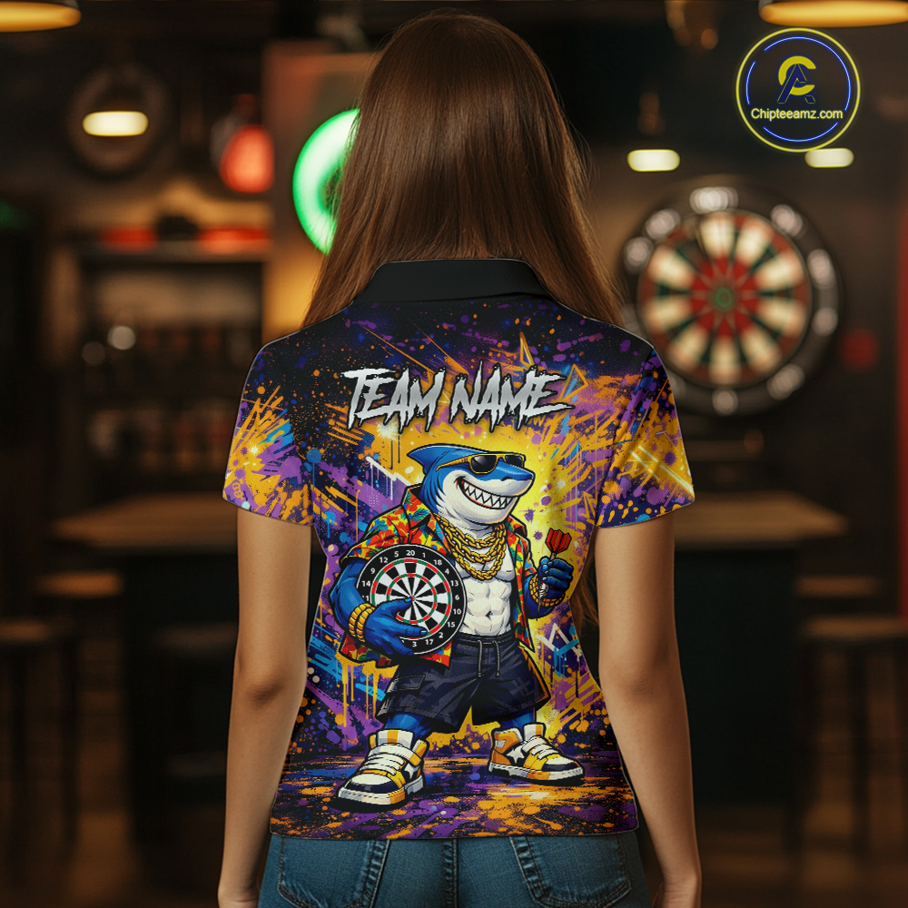 Custom Funny Shark Dart Shirts for Women Darts Team Jerseys Dart Tournament Polo & 1/4 Zip NNT136