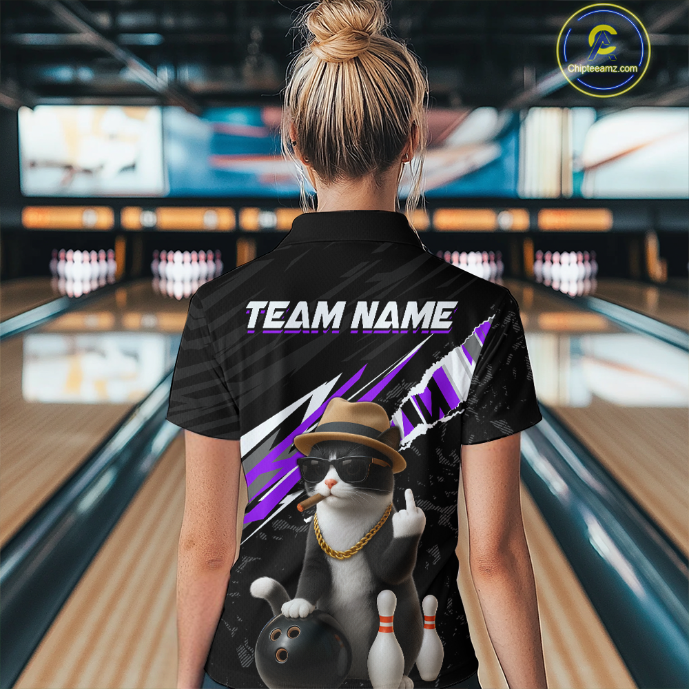 Custom Purple Funny Cat Bowling Jersey for Women Bowling Shirt Polo & 1/4 Zip Bowling Team Shirts HNT136
