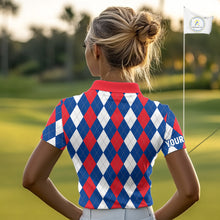 Load image into Gallery viewer, Women golf polo shirt custom red, white and blue argyle plaid pattern golf attire for ladies NQS9847