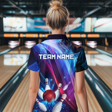 Load image into Gallery viewer, Personalized Galaxy Bowling Pins and Ball Shirt Blue &amp; Purple Neon Polo Bowling Team League QZT664