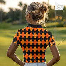Load image into Gallery viewer, Funny Women golf polo shirt custom orange and black argyle plaid Halloween Skull ladies golf attire NQS10355