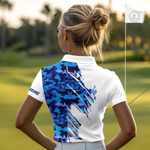 Personalized Women golf polo shirts custom white and blue camo ladies golf apparel, golfing gifts NQS10073