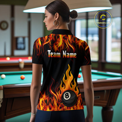 Orange 8 Ball Flame Fire Billiard Shirts For Women Custom Polo & 1/4 Zip Billiard Team Jerseys TDM4012