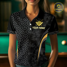 Load image into Gallery viewer, Custom Black Gold 8 Ball Flame Billiard Shirts for Women, Billiard Team Polo &amp; 1/4 Zip Shirts NNT61