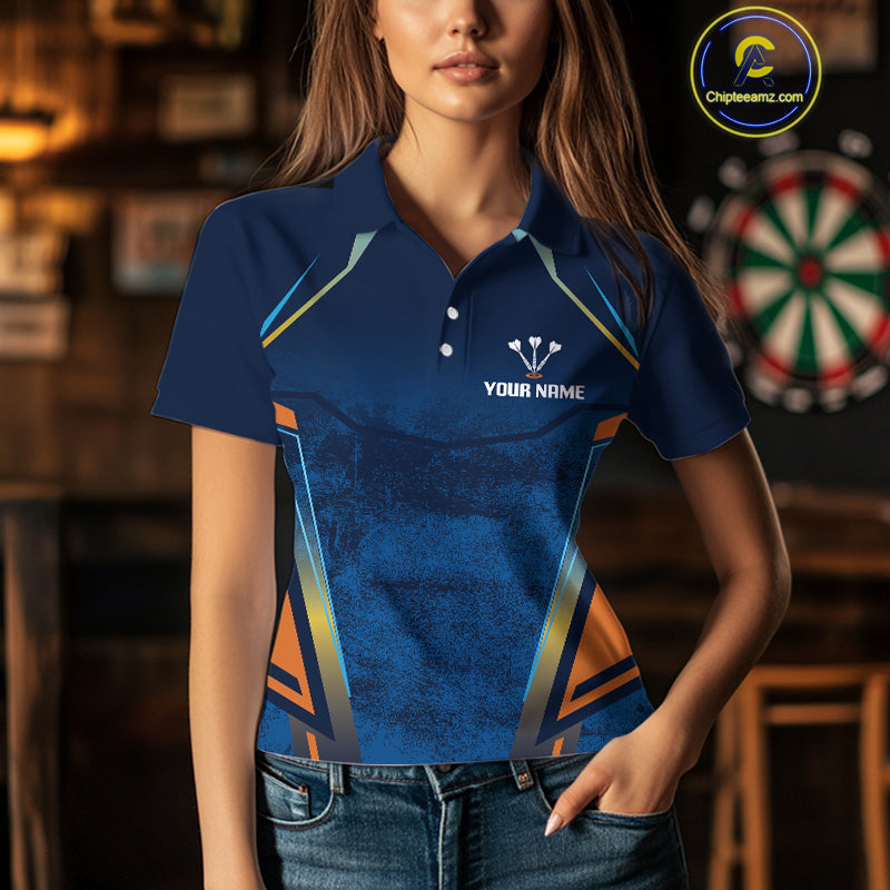 Women’s Custom Darts Team Shirt With Blue Grunge Texture And Fiery Dartboard NYN0312
