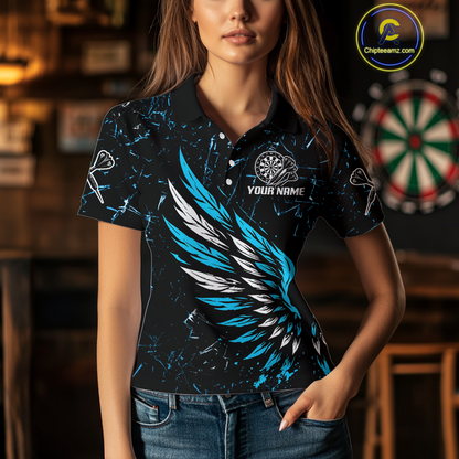 Custom White-Blue Wings Grunge Style Dart Shirt For Women, Dart Team Jerseys NYN0110