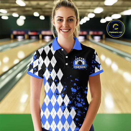 Blue argyle pattern Retro Bowling Shirts For Women Custom My drinking team has a bowling problem NQS9824