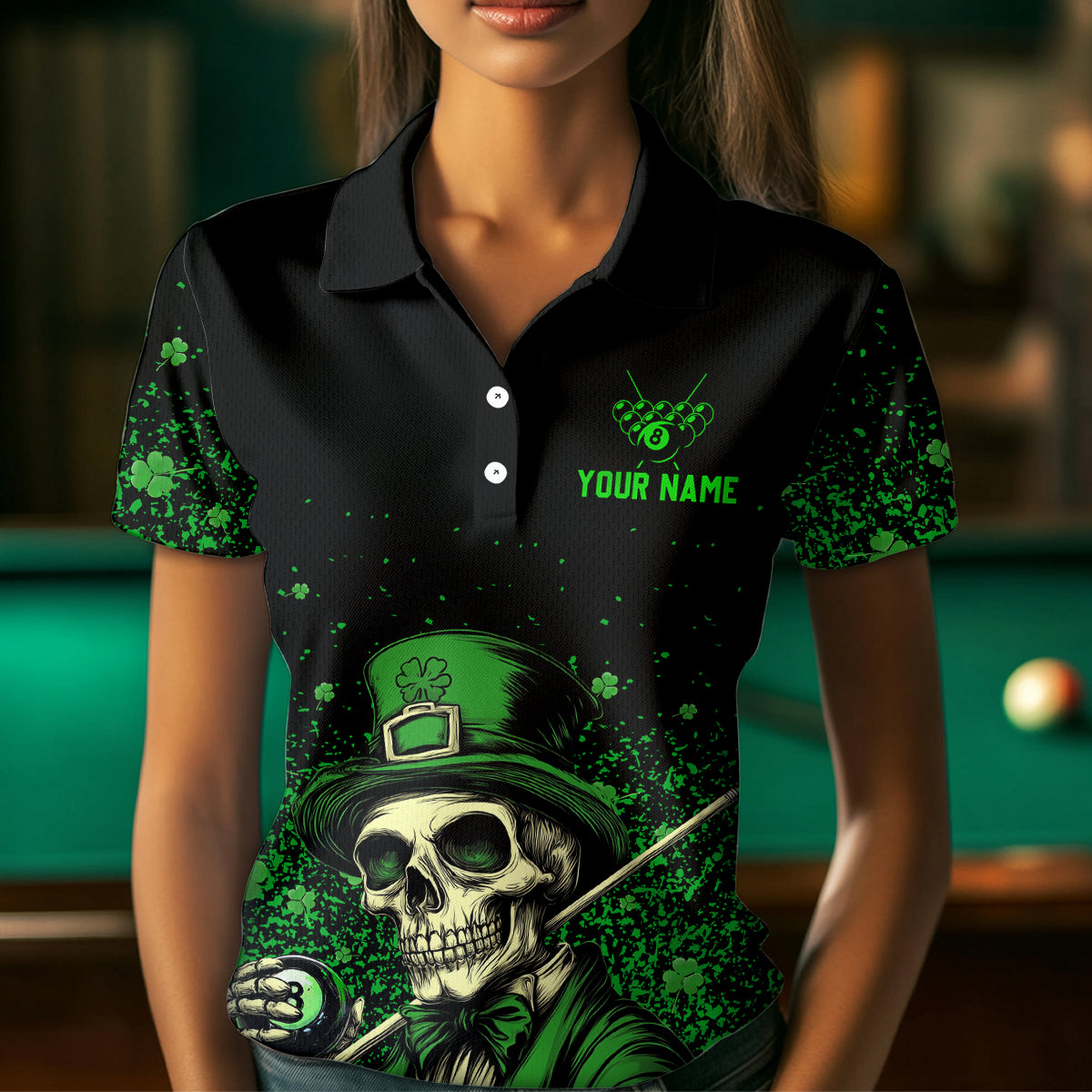 St Patrick Day Funny Skull Ball Billiards Shirt Women Polo & 1/4 Zip Shirts Billiard Team NNT23