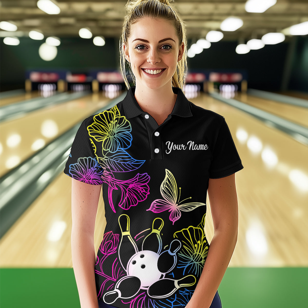 Colorful Butterflies Bowling Shirt for Women Bowling Team Jersey Shirts Polo & Quarter-Zip HNT27