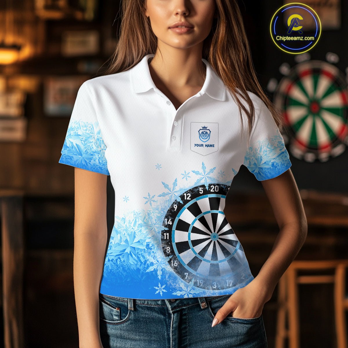 Blue Icy Frozen Darts Shirts With Pocket For Women Custom Darts Team Jerseys TDM4035