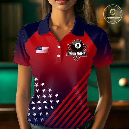 US Flag Billiard Jersey For Women Custom 8 Ball Polo & Quarter Zip Billiard Shirts Pool Team Jersey TDM3801