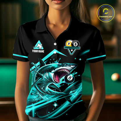 Turquoise 8 Ball & 9 Ball Pool Billiard Shark Polo & 1/4 Zip For Women Custom Team Billiard Jerseys TDM4089