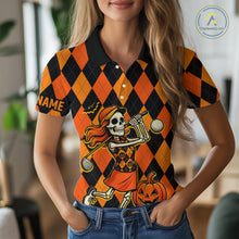 Load image into Gallery viewer, Funny Women golf polo shirt custom orange and black argyle plaid Halloween Skull ladies golf attire NQS10355