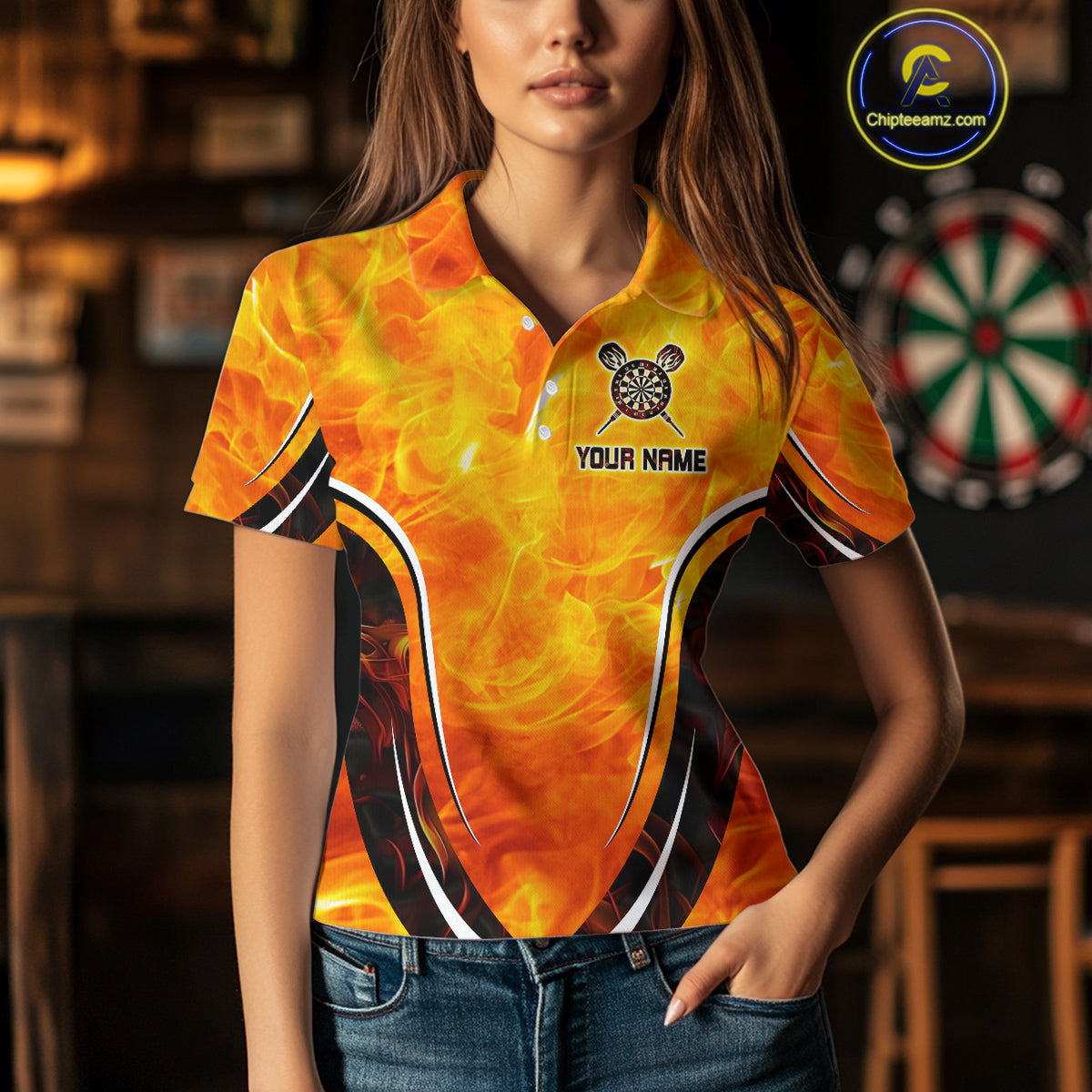 Women's Custom Darts Team Shirts With Explosive Flame Dartboard And Geometric Shapes NYN0298