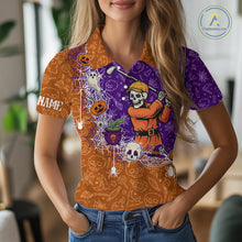 Load image into Gallery viewer, Halloween Skull Playing Golf Women Golf Polo Shirt Custom Halloween golf outfit For Ladies Golf Gifts NQS10340