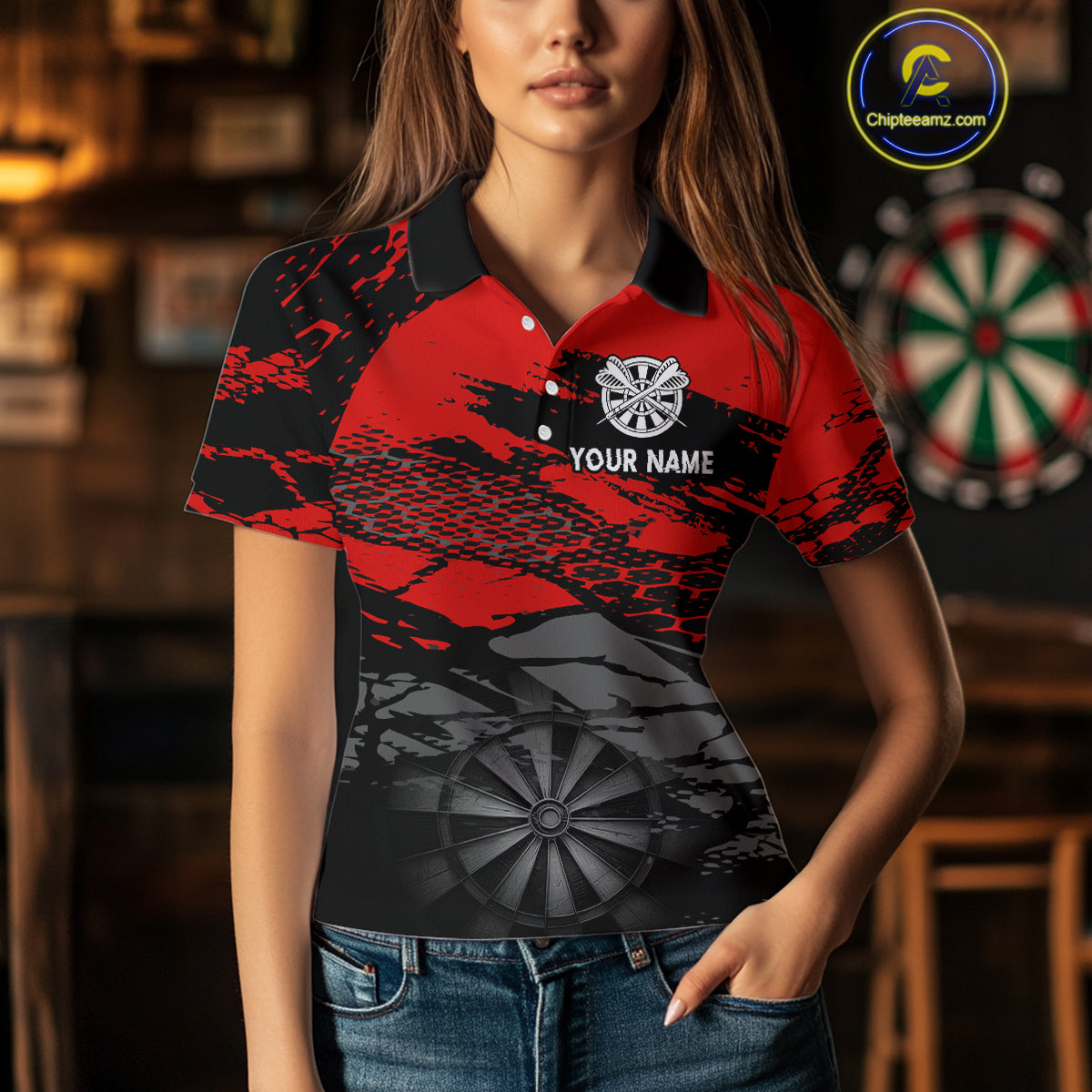 Personalized Dart Shirt For Women Red Grunge Texture & Black Dartboard, Darts Jersey NYN0280