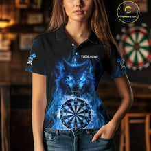 Load image into Gallery viewer, Custom Wolf Dart Shirts For Women – Fire Flame Dartboard Darts Team Jerseys Polo &amp; Quarter Zip |Blue TDM4043
