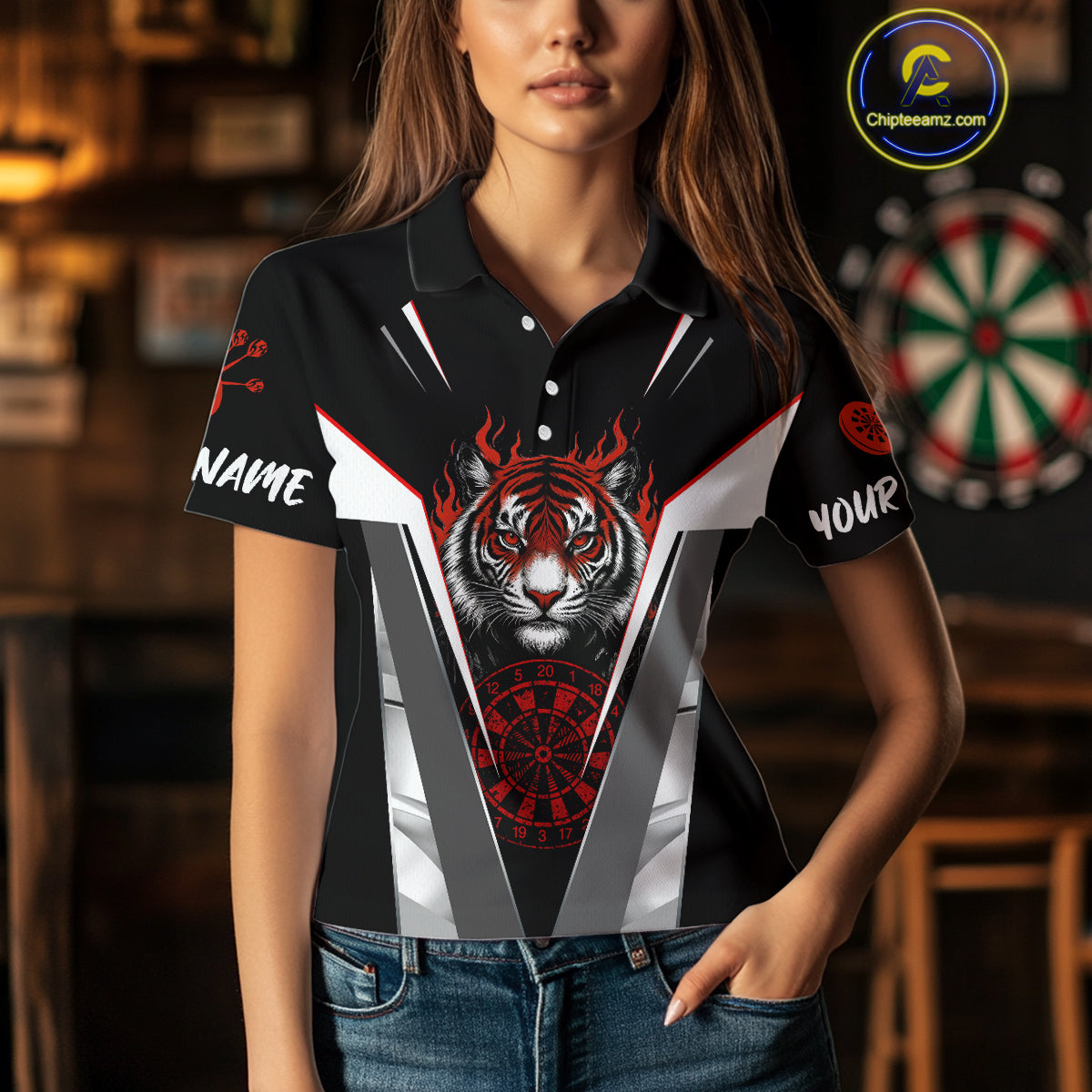 Custom Women's Dart Team Shirt With Roaring Tiger Dartboard - Silver & Black Jersey NYN0337